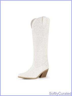 Glitter Sequin Cowboy Cowgirl Knee High Boots Pointed Toe Block Heel